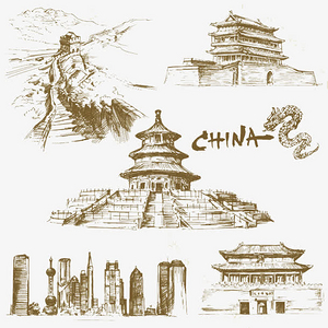 手绘古典风格中国著名建筑插画矢